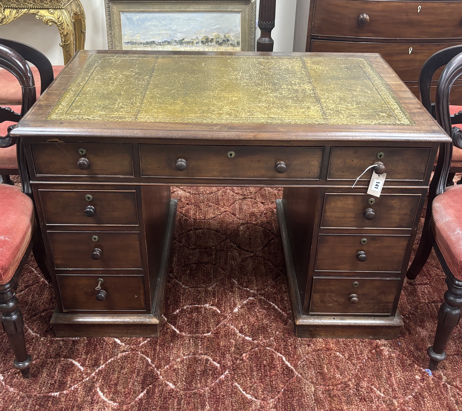 A Victorian mahogany pedestal desk, width 114cm, depth 75cm, height 74cm